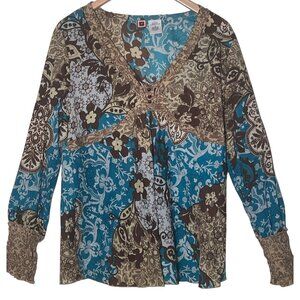 Forbidden Women's Blouse Size Large Blue & Brown Peasant Top V-neck LS LW Y2K